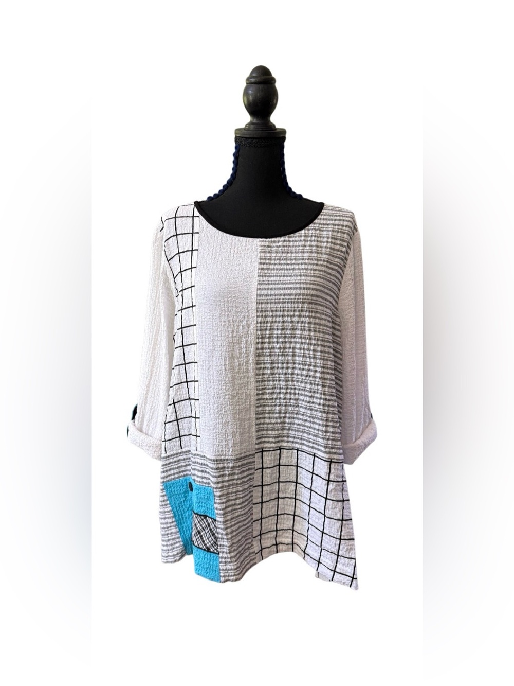 Ali Miles White Patchwork Tunic with Black Grid and Turquoise Patch